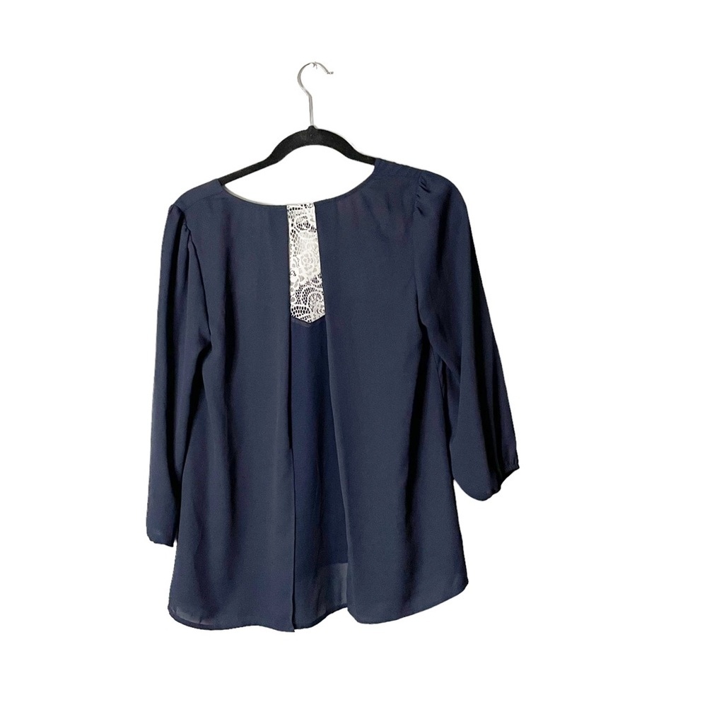 19 Cooper Navy Blue Sheer Preppy Lightweight Loose Fit Floral Lace Accent - Picture 2 of 7